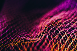 Convex mesh that represents internet connectivity. The bright colors of the linked wire are characteristic of waves. concept cloud computing and neural networks.